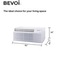 Angled view of Bevoi PTAC air conditioner showing product dimensions.