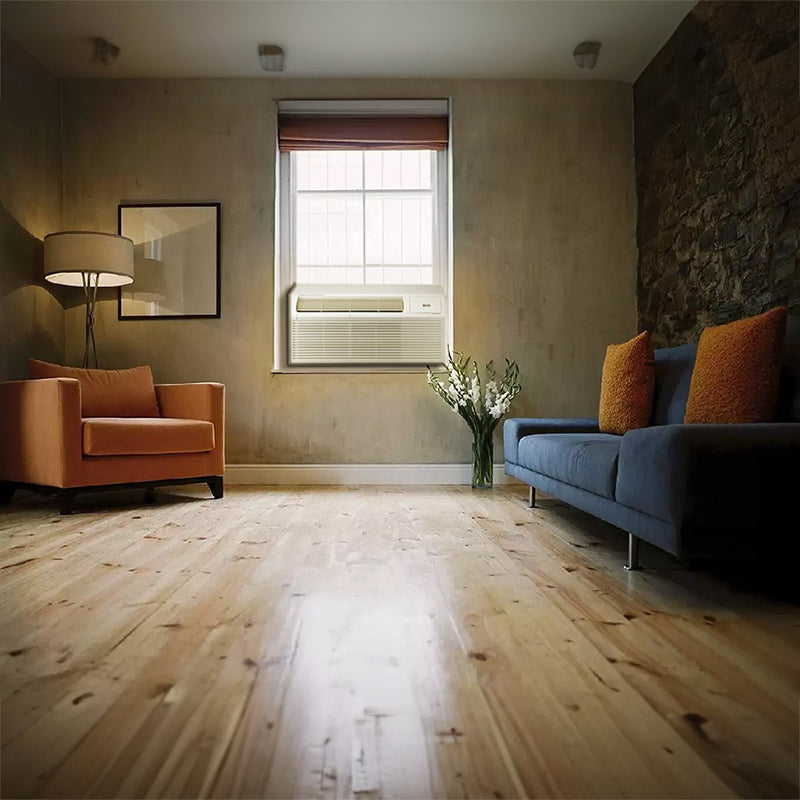 BEVOI 15,000 BTU PTAC Air Conditioner with Heat Pump – 220V in White installed in a living room.